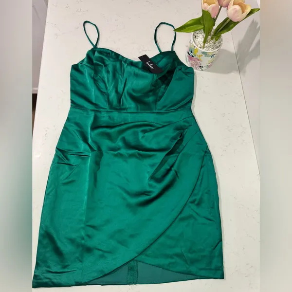 Lulu's Vibrant Green Satin Mini Dress - Image 3