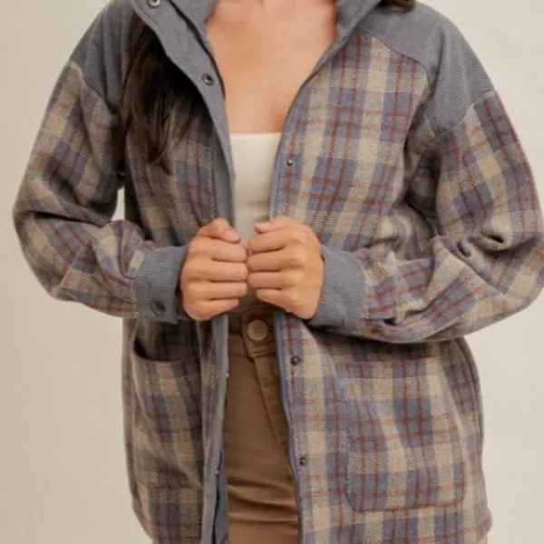 Hem and Thread Blue And Tan Plaid corduroy and twill shacket. Size Large - Image 12