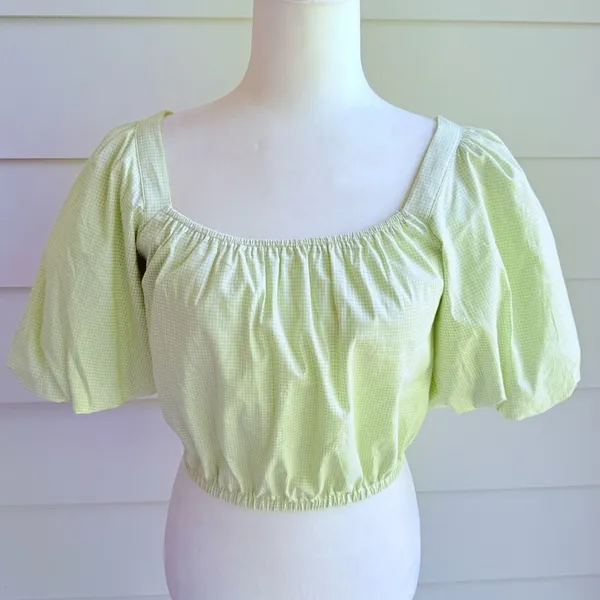 Copper Key Gingham Green Cropped Top with Puff Sleeves Size Small - Image 11