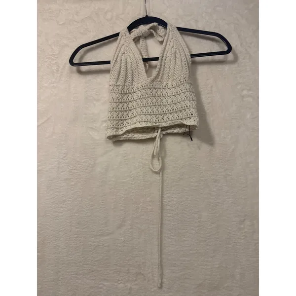 Romwe Crochet Halter Top Cream Boho Knit Lace Up Back Crop Top XS‎ - Image 2