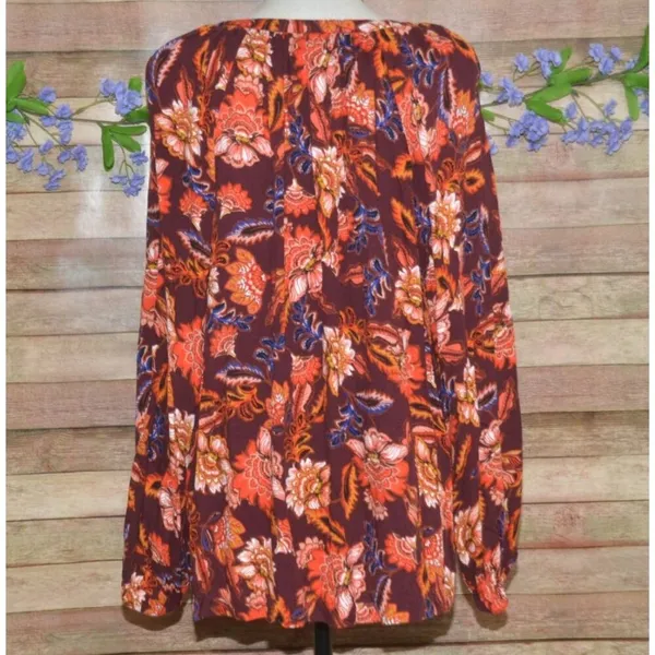 Old Navy Maroon Floral Boho Peasant Top V-neck Long Sleeve Pull Over Size XL - Image 6
