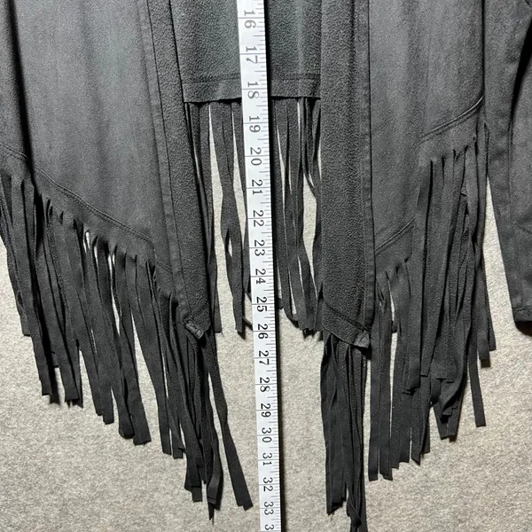 Rock & Republic Black Faux Suede Fringe Open Front Cardigan Jacket XS Waterfall - Image 4