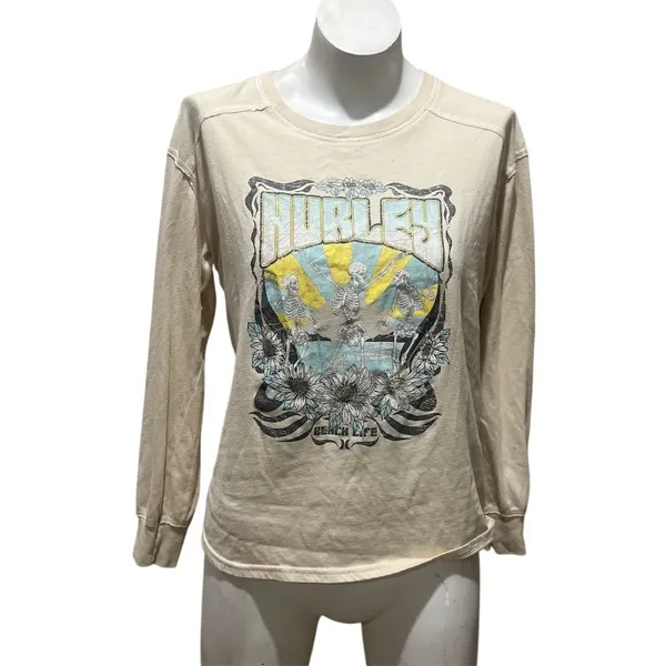 Hurley T-Shirt Womens Size XS Beige Beach Life Graphic Long Sleeve Crew - Image 7