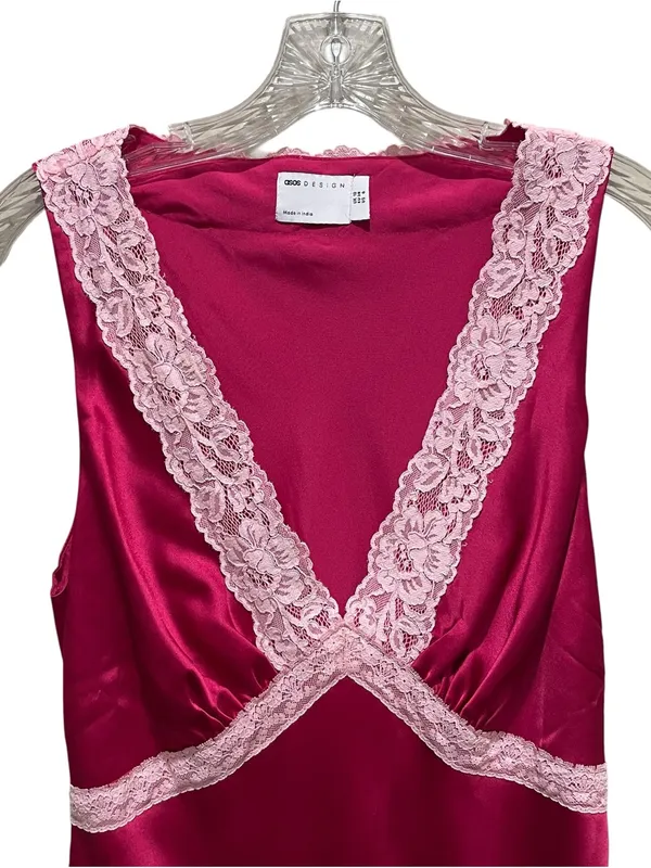ASOS Design Satin Flippy Mini Dress Pink Lace Trim Sleeveless Women’s Size 6 - Image 7