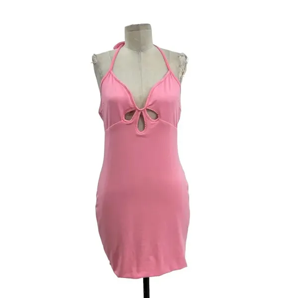 White Fox Boutique The Long Run Mini Dress Pink Halter Bodycon Size XL‎ - Image 3