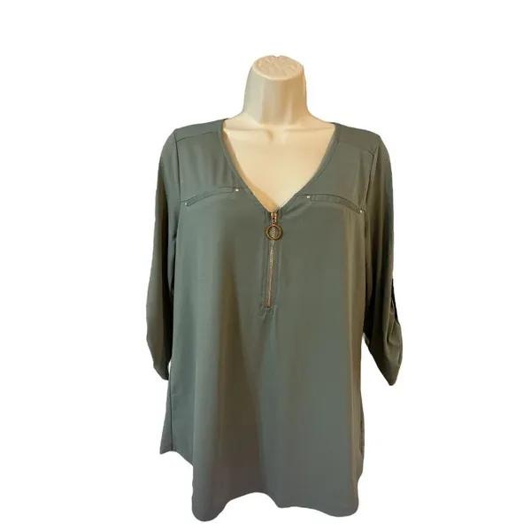 Women’s dressy casual sage green top quarter zip roll tab sleeves size small - Image 2