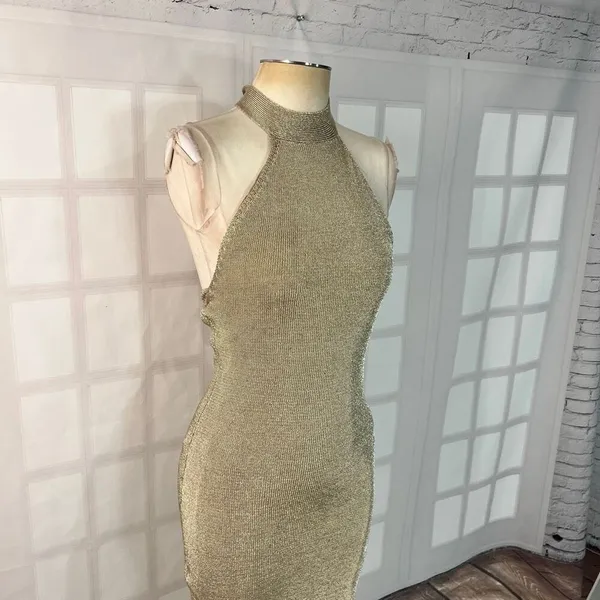 Capsulle Gold Metallic Halter Open Back Sleeveless Midi Bodycon Dress Large - Image 2