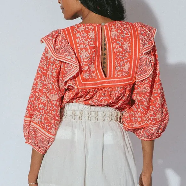 CLEOBELLA Mylah Blouse block print orange/red/white organic cotton top size xs - Image 3
