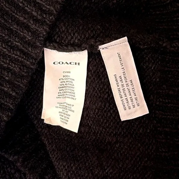 COACH Crewneck Sweater Vest Black Embroidered Organic Cotton Wool Cashmere Large - Image 12