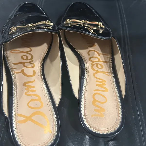 Sam Edelman Black Patent Mules with Gold Detail - Image 6