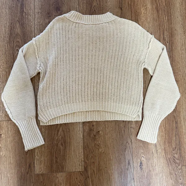 Free People Cream Knit Sweater Women's L Crewneck Slight Crop Cottage Minimalist - Image 8