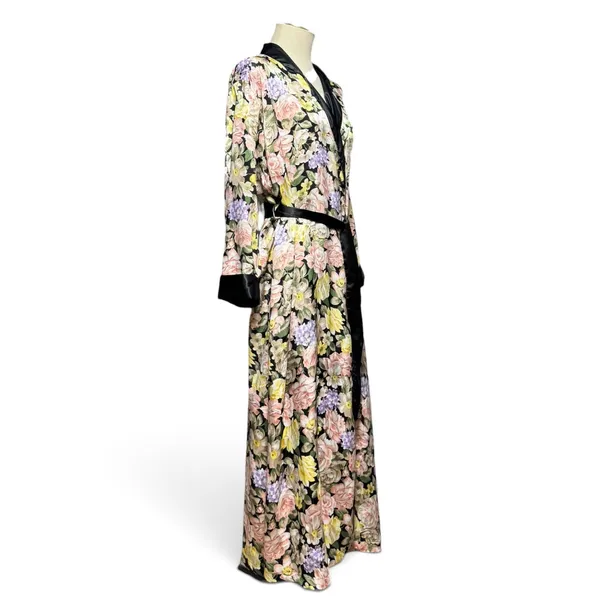 Victoria's Secret Gold Label Vintage Satin Robe Black Pink Purple Floral Small - Image 5
