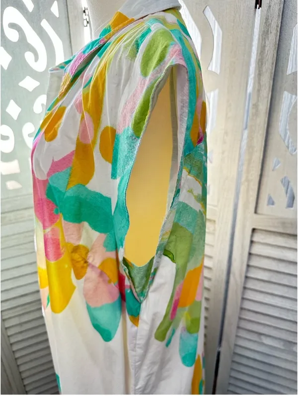 Maeve Sleeveless White Button-Front Dress with Multicolor Watercolor Print size Large - Image 7