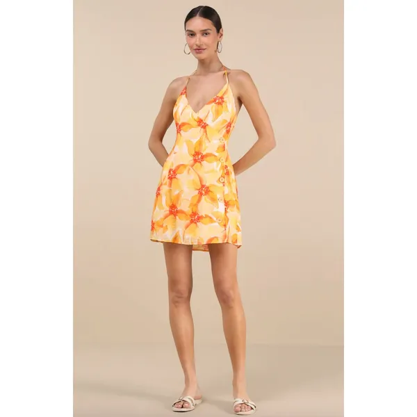 Lulus Prue Orange Floral Halter Mini Dress Rayon Resortwear Vacation XL NWT - Image 3