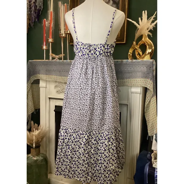 Gap Womens Blue White Floral Tiered Midi Dress Empire Waist Pockets Medium - Image 4