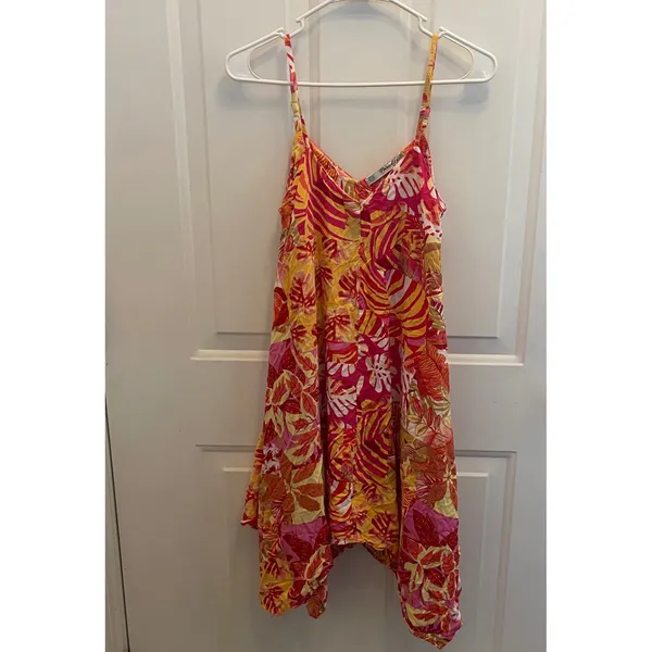 Paradise USA Tropical Leaf Sharkbite Hem Sundress Pink Orange Yellow Small‎ - Image 2
