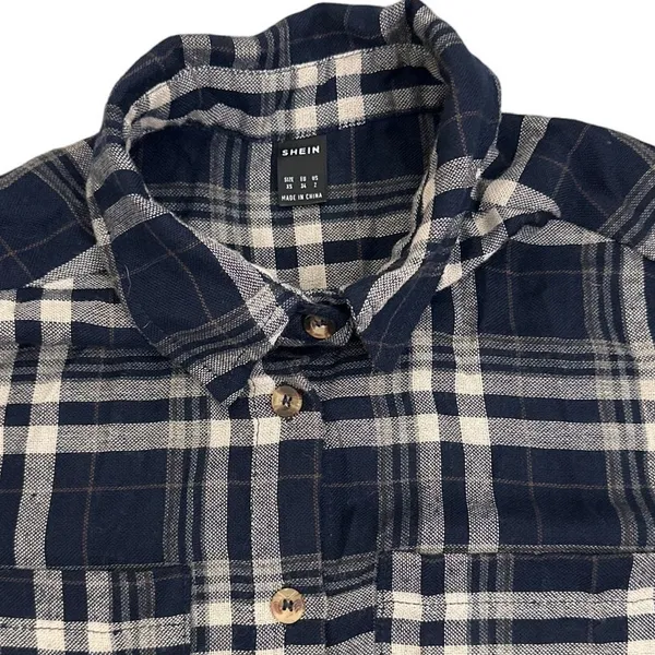 SHEIN Button Down Plaid Blue Tan Boyfriend Flannel Shirt Size Women's XS (2) - Image 2