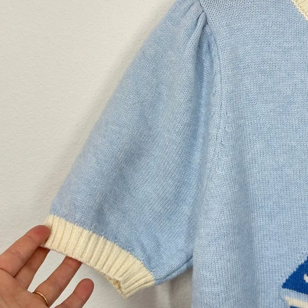 Threaded Leaf Women's Cropped Knit Sweater Blue Sailboat Puff Sleeve Sweater NWT - Image 6