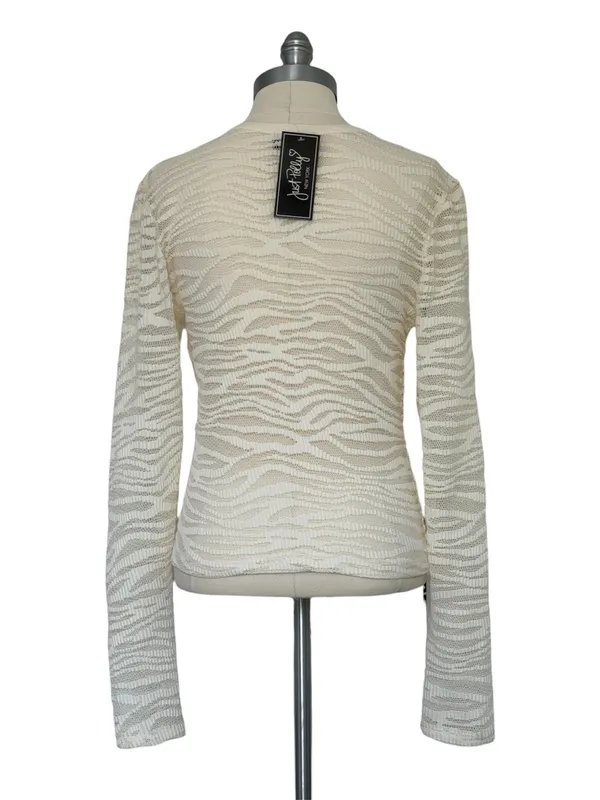 Just Polly NWT Sz M Cream Sheer Lace Top Textured Zebra Print Long Sleeve Crewneck - Image 3