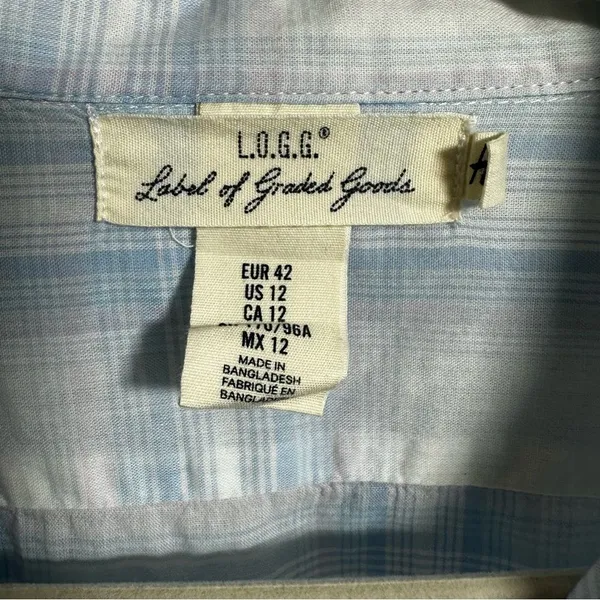 H&M Logg Women's Sz 12 Button Down Plaid Shirt Collared Long Sleeve Blue White - Image 6