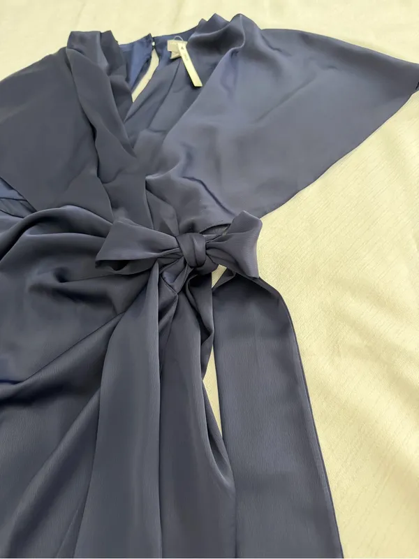 ASOS Navy Satin Wrap Mini Dress Size US 8 Tie Waist Open Back - Image 11