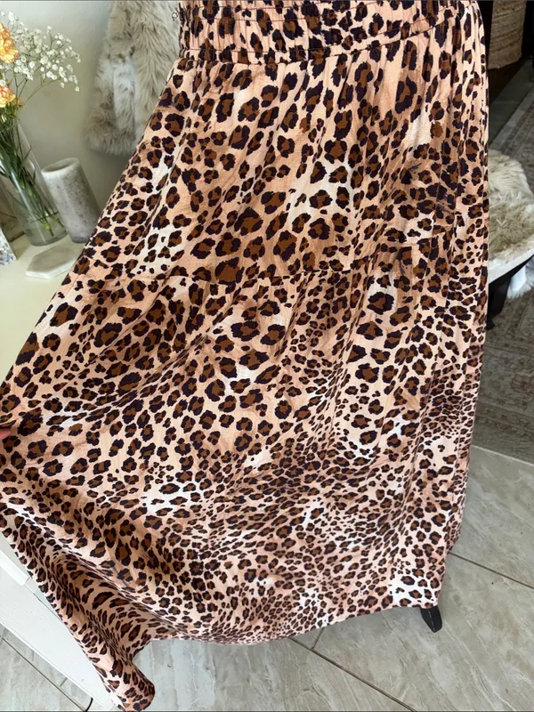 Paper heart pull on boho leopard print linen maxi skirt L - Image 4