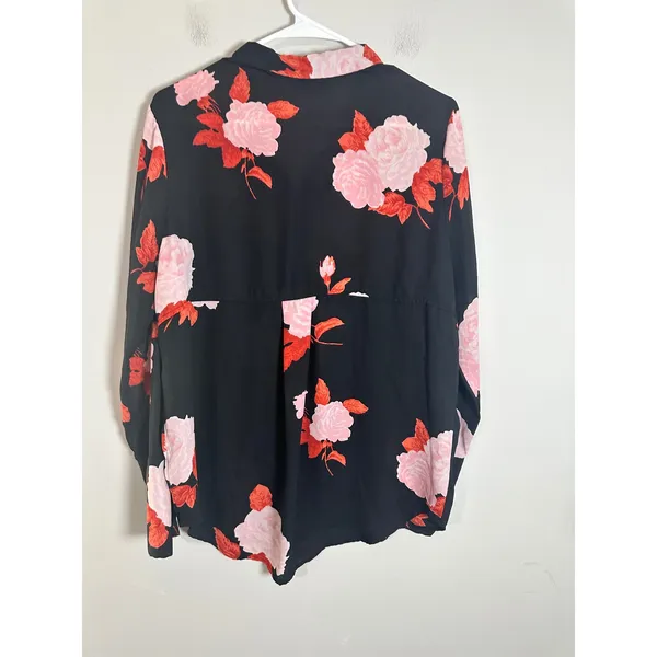 Who What Wear Black‎ Floral Rose Print Button Down Blouse Long Sleeve Womens L - Image 6