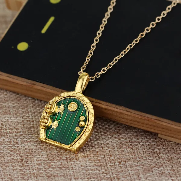 Gold Hobbit Hole, Lord of The Rings Pendant Locket Necklace - Green Door - Image 4