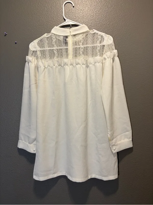 Yida Womens White High Neck Sheer Lace Illusion Long Sleeve Blouse Top Large - Image 2