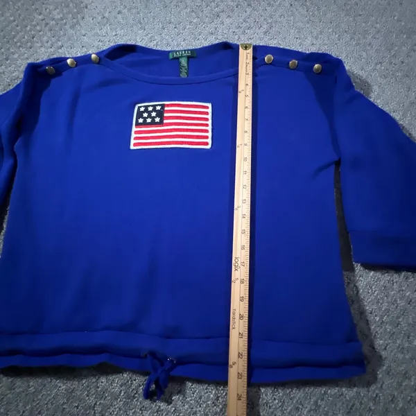 Lauren Ralph Lauren Sweatshirt Women XL Blue‎ American Flag Button Shoulder Top - Image 7