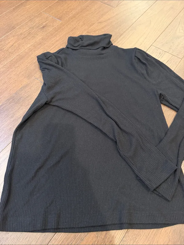 LOFT Black Ribbed Puff-Sleeve Turtleneck Sweater Size Large - C66-027 - Image 5
