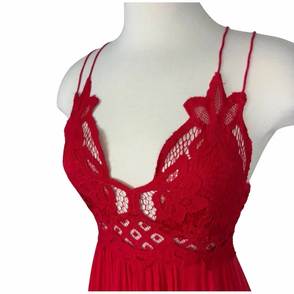 Free People Adella Lace Maxi Dress Red Romantic Boho Chic Crochet Strappy Small - Image 5