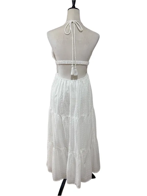 NWT En Crème White Swiss Dot Halter Open Back Cutout Tiered Summer Maxi Dress Sm - Image 5