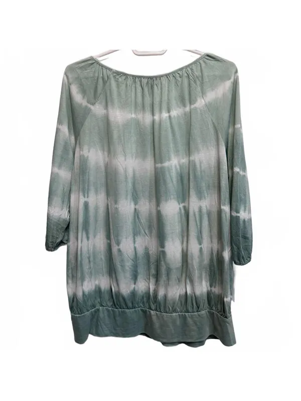 Chaps Green and White Tie Dye Banded Bottom Blouse Plus Size 1X - Image 2