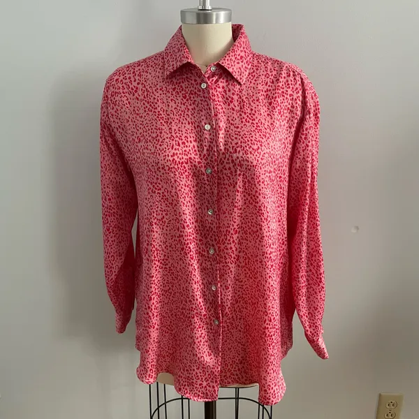 Zara Leopard Print Button-Up Blouse- Pink and Red- Button Cuffs- Size Small - Image 2