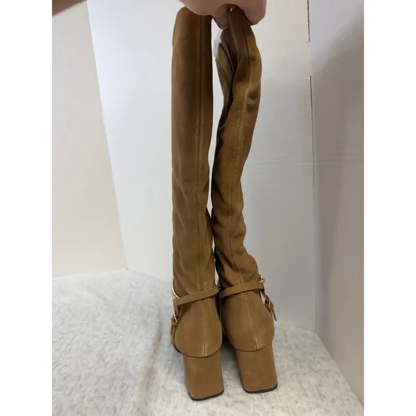 Sanctuary Electric Acorn Brown Suede Tall Boots Square Toe Gold Chain 8.5M NEW‎ - Image 3