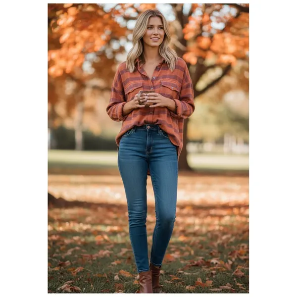 Free People Fawn Over You‎ Plaid Button Down Top Women's XS Orange Boho Chic - Image 8