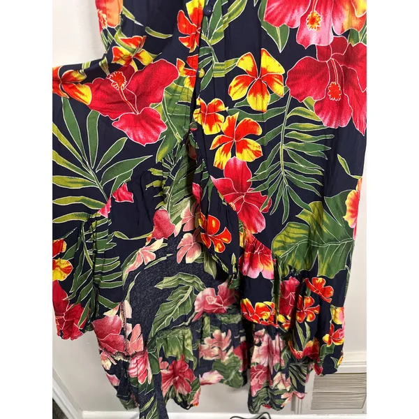 Lulus PURA VIDA NAVY BLUE TROPICAL PRINT BUTTON-UP HIGH-LOW MIDI DRESS‎ Small - Image 4