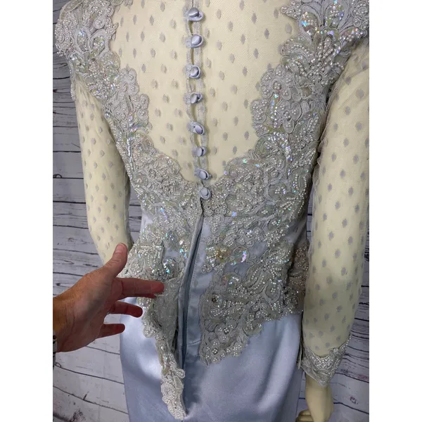 1990s Vintage Ice Blue Beaded Formal Gown Sheer Lace Bodice Custom S-M - Image 9