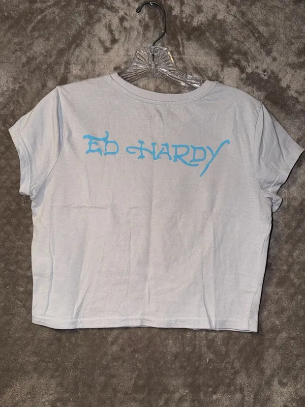 Ed Hardy True 'Til Death Rhinestone Graphic Crop T-Shirt Light Gray Size L - Image 4