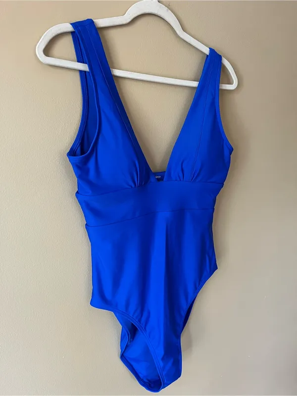 Quince Deep V One-Piece Swimsuit in Cobalt Blue - Image 3