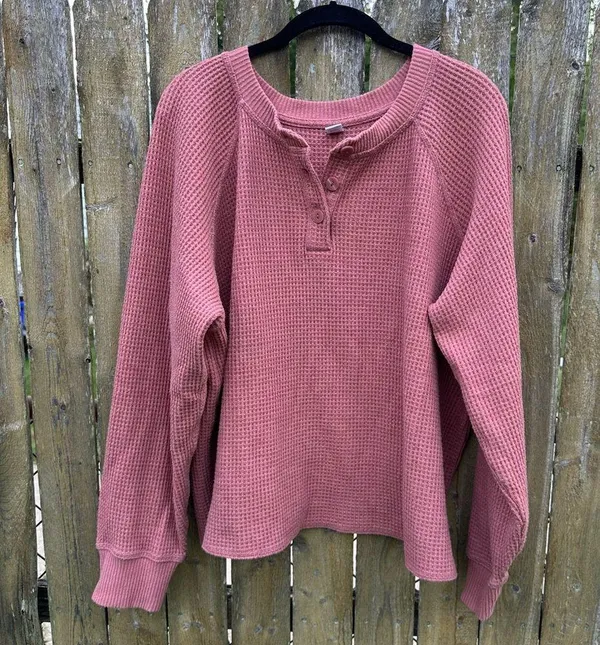 Old Navy Cozy Shrunk Waffle Knit Henley Sweater in Pink Bamboo Sz XXL - Image 8