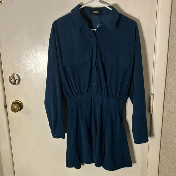 CIDER Solid Collar Mini Dress XS Dark Teal NEW Fall Academia Classic Preppy Boho - Image 3
