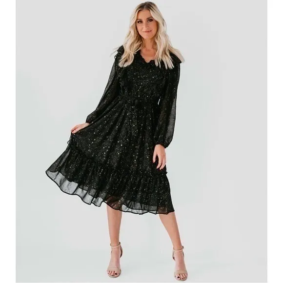 BY THE RIVER Chiffon Midi Dress Ruffled Black Gold Stars Party Glam Star Small‎ - Image 4