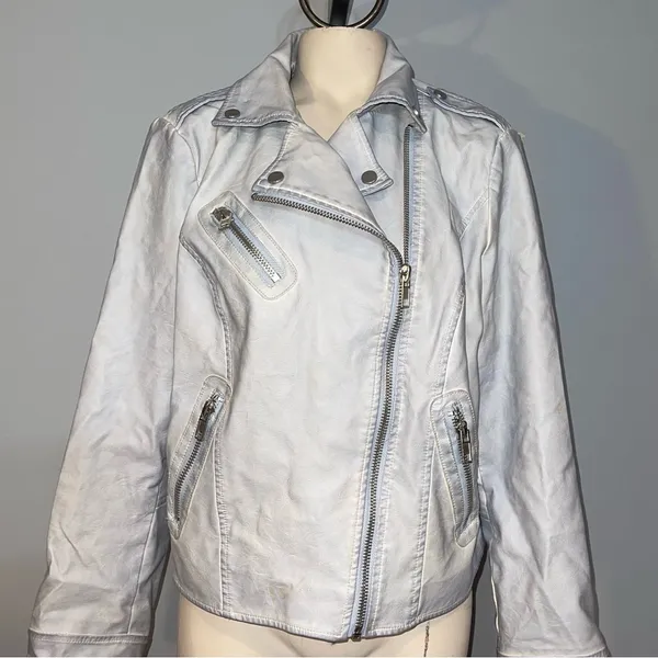 Chico’s light blue silver zipper faux leather motorcycle jacket coat womans M - Image 5