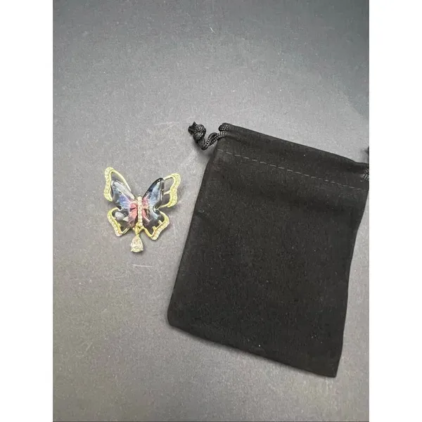 Blue Pink Glitter Resin Wings Gold Tone Rhinestone Butterfly Brooch - Image 2