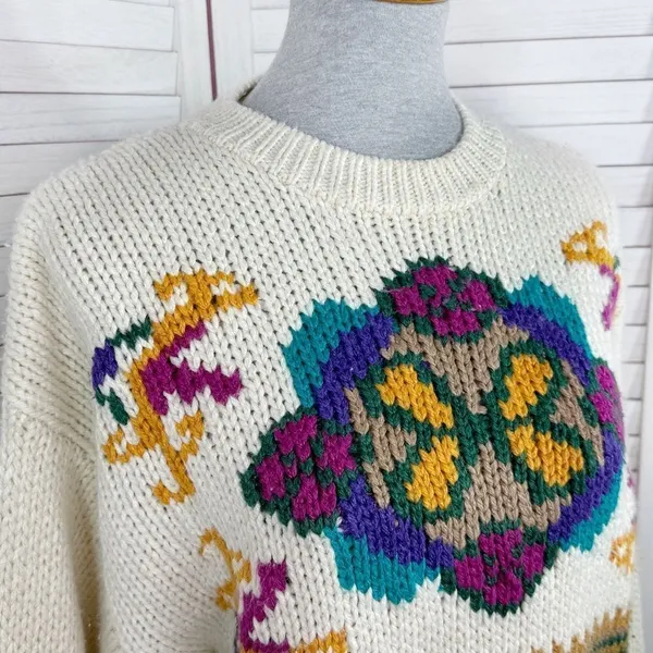 Vintage Rafferty 80s‎ 90s Floral Chunky Knit Sweater Ivory Large Crewneck - Image 5