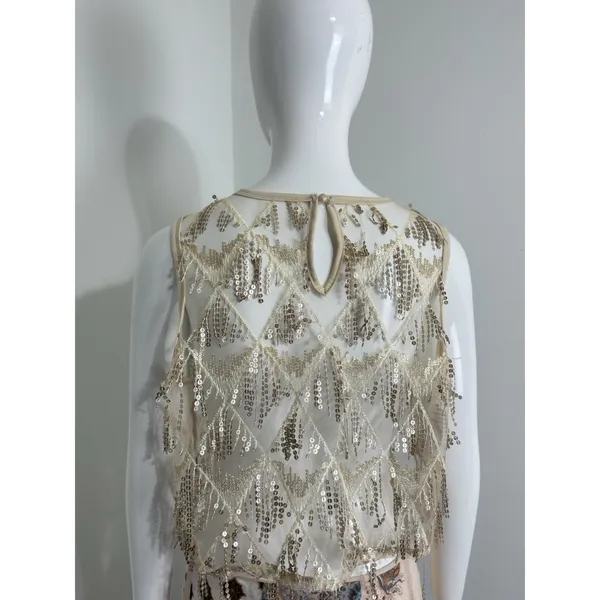 Women’s Sequin Fringe Crop Top Sheer Mesh Party Festival Shirt Approx Size S - Image 3