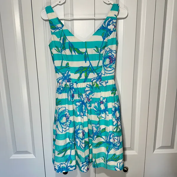 Lilly Pulitzer Roswell Dress Tossing the Line Shorely Blue Stripe Silk 00 Resort - Image 2