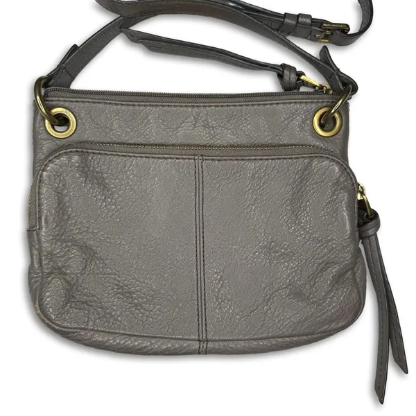 Fossil Purse Crossbody Grey Pebbled Leather‎ Purse Adjustable Strap Zip Pockets - Image 4